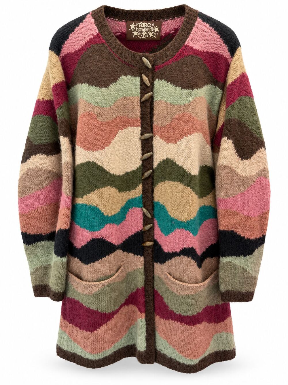 Vtg 90s Tara Handknits Wool Long Cardigan Hand Knit Sz L Nepal Art To Wear Boho